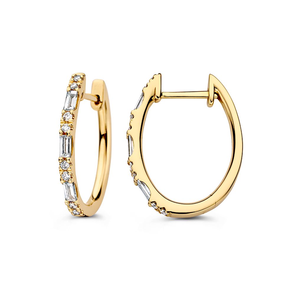 Luxe Geelgouden Oorringen met Baguette en Briljant Diamanten: Een Subtiele Luxe 0,38 crt.