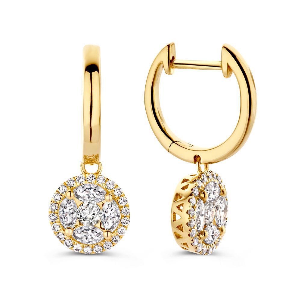 Geelgouden oorringen met een ronde, briljante zetting en vier grote diamanten.