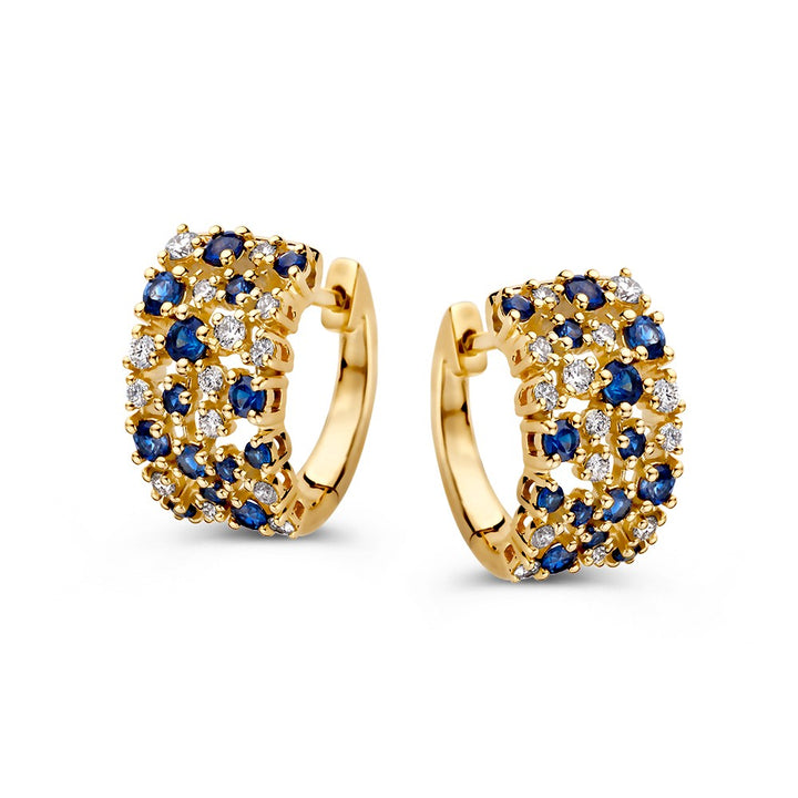 Elegante Geelgouden Oorringen met Blauwe Saffier en Diamanten