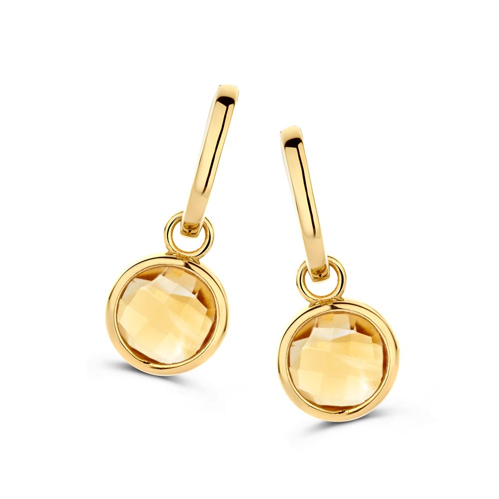 Geelgouden oorringen met ronde citrien hangers en een glanzende afwerking.