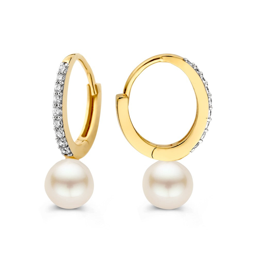 14K Geelgouden Oorringen met Parel en Zirkonia – Elegante Oorbedels voor Dames