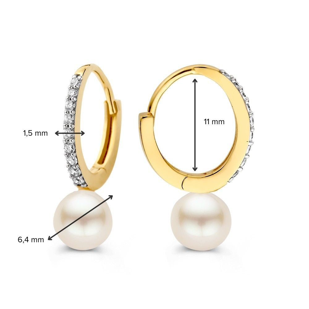 14K Geelgouden Oorringen met Parel en Zirkonia – Elegante Oorbedels voor Dames