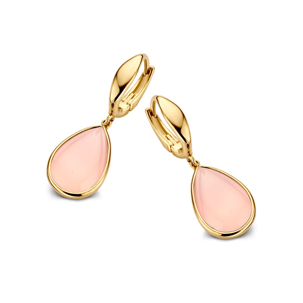Geelgouden klapcreolen met druppelvormige roze chalcedoon.