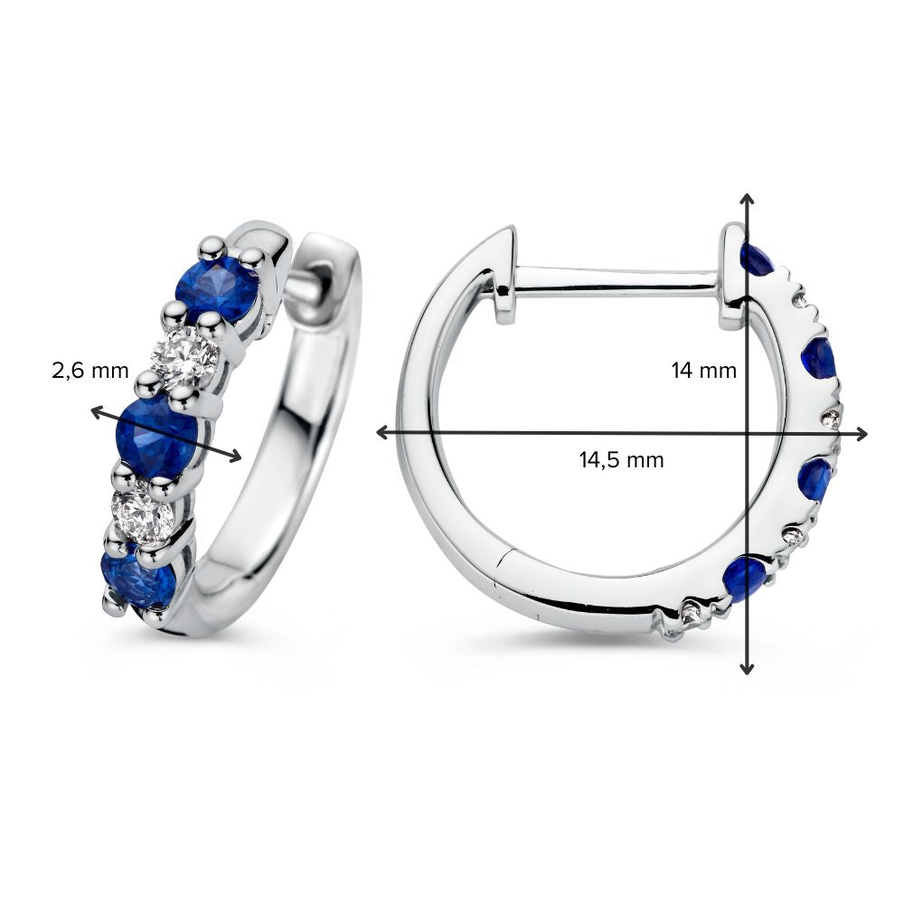 Stijlvolle witgouden oorringen met saffier en diamant – 0,50 crt saffier, 0,18 crt diamant