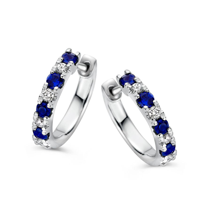Schitterende witgouden oorringen met diamant en blauwe saffier – 0,40 crt saffier en 0,10 crt diamant