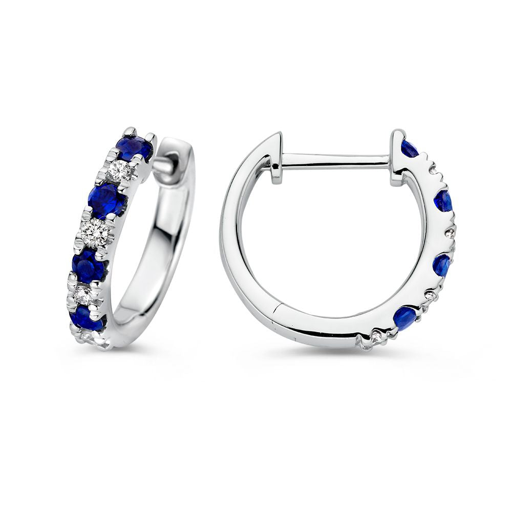 Schitterende witgouden oorringen met diamant en blauwe saffier – 0,40 crt saffier en 0,10 crt diamant