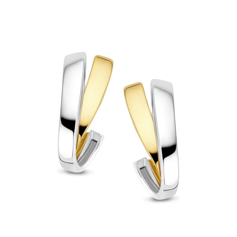 Geel en wit gouden ring voor dames met een moderne, open vorm zonder steen.