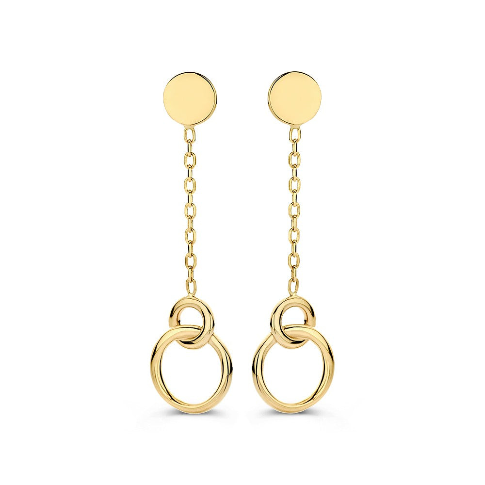 Geelgouden oorbellen met een ronde stud en hangende schakels met een dubbele ring.