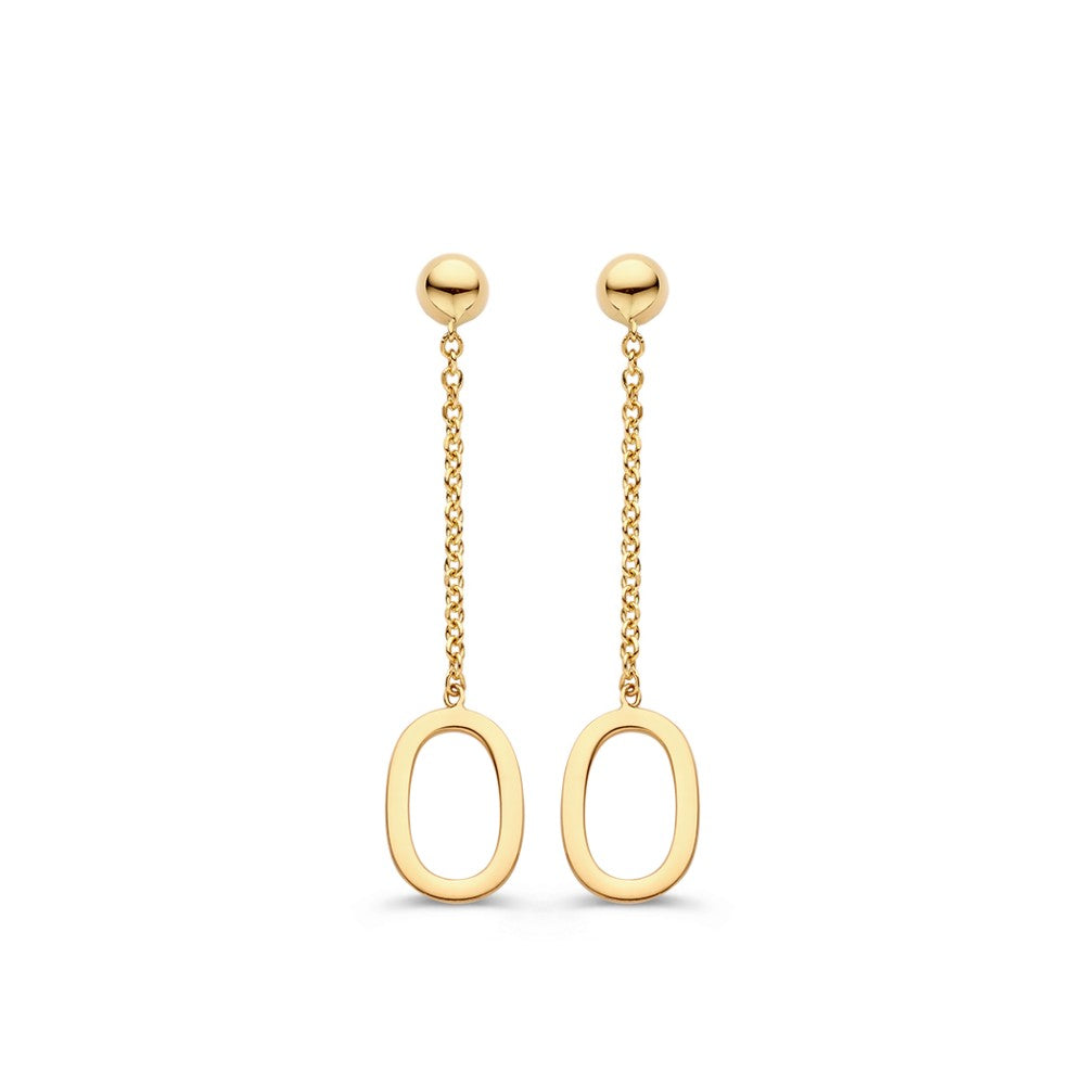 Geelgouden oorhangers van 14 karaat met een lange ketting en een open ovaalvormig detail.