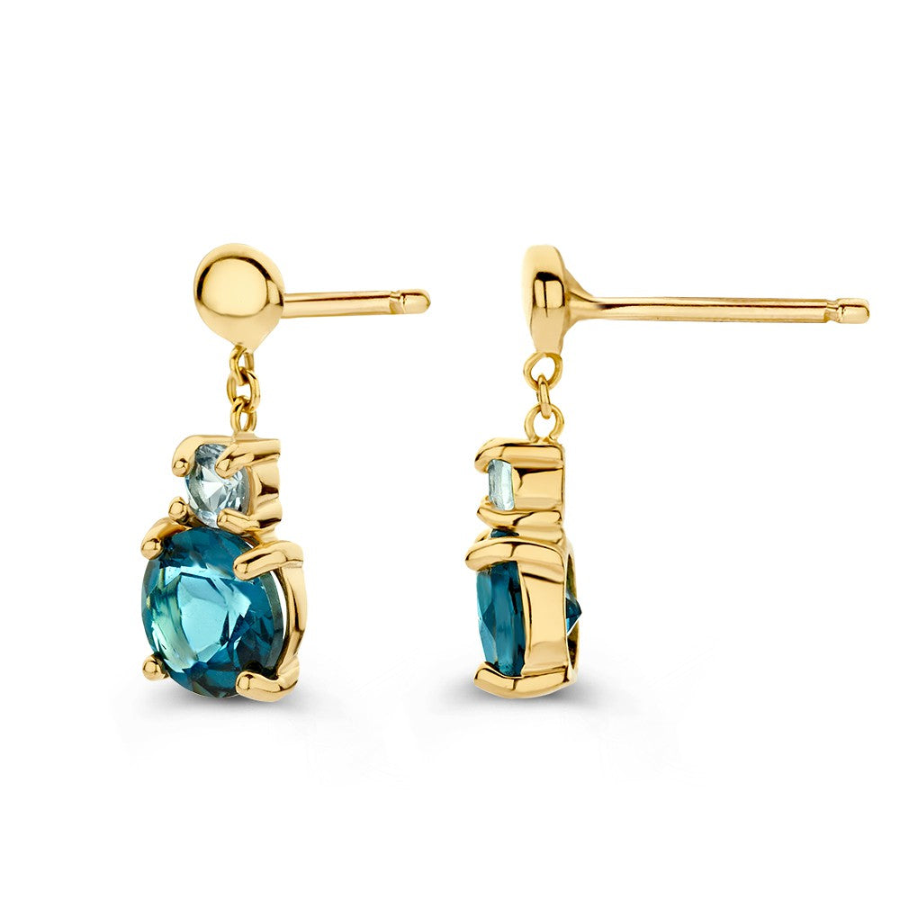 Elegante Gele Gouden Oorstekers met Blauwe en London Blue Topazen