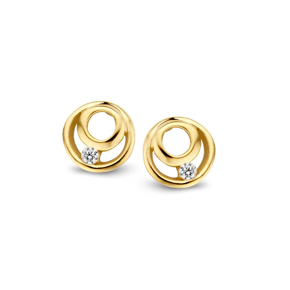 Gouden oorbellen met een cirkelvormig ontwerp en een zirkonia-steentje.