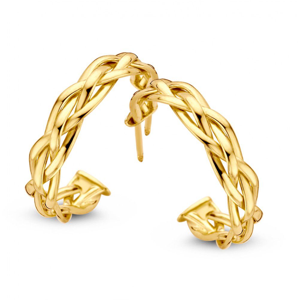 Geelgouden oorstekers van 14K met een gevlochten ontwerp en een diameter van 20mm.
