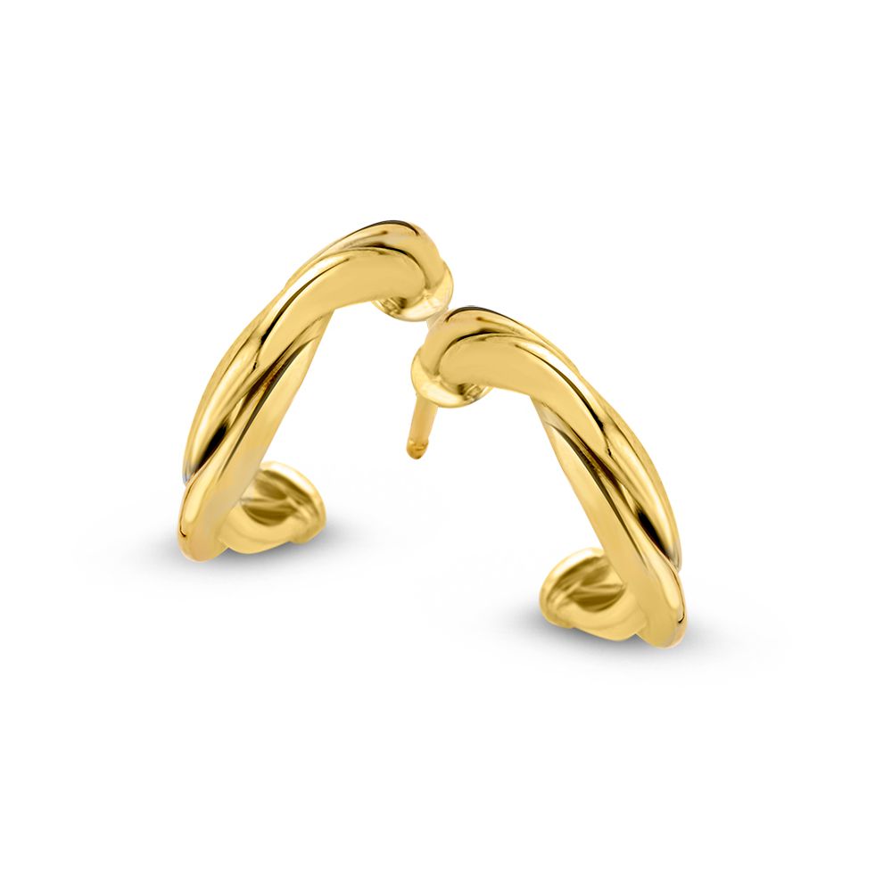 Geelgouden oorstekers van 14K met een subtiele, gedraaide vorm en een afmeting van 10 mm.