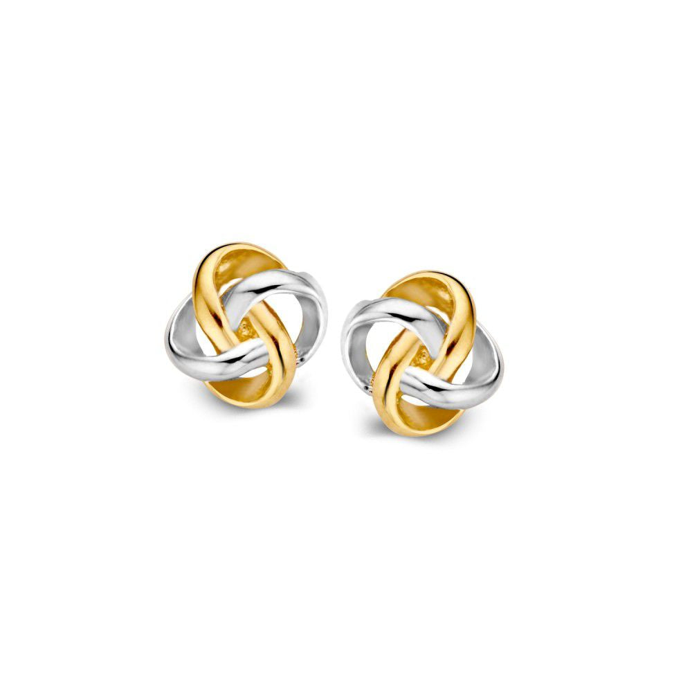 Bicolor gouden oorstekers van 14 karaat met een knoopdesign in geel en wit goud, diameter 6 mm.