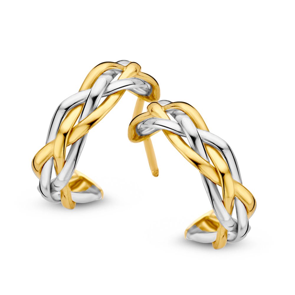 Bicolor gouden oorringen met gevlochten banen in 14 karaat geel en wit goud.