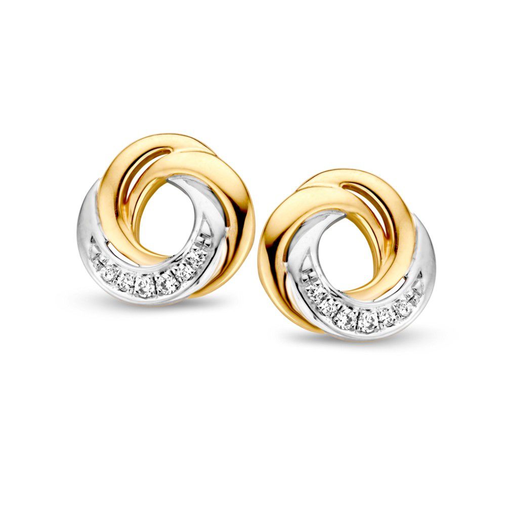 Gele en witgouden oorbellen met een gedraaid ontwerp en kleine briljant diamanten.