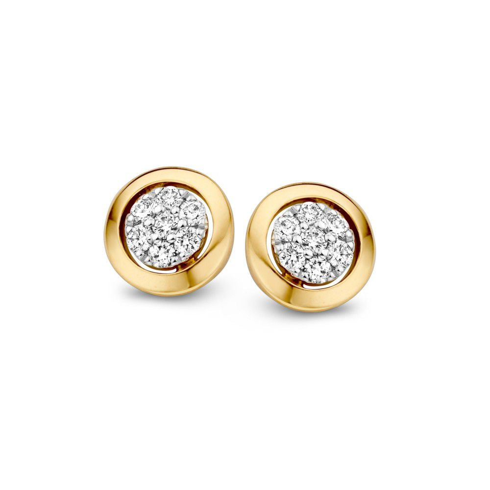 Bicolor gouden oorstekers met een ronde, glanzende afwerking en een diamantsetting van 0,14 crt briljant.