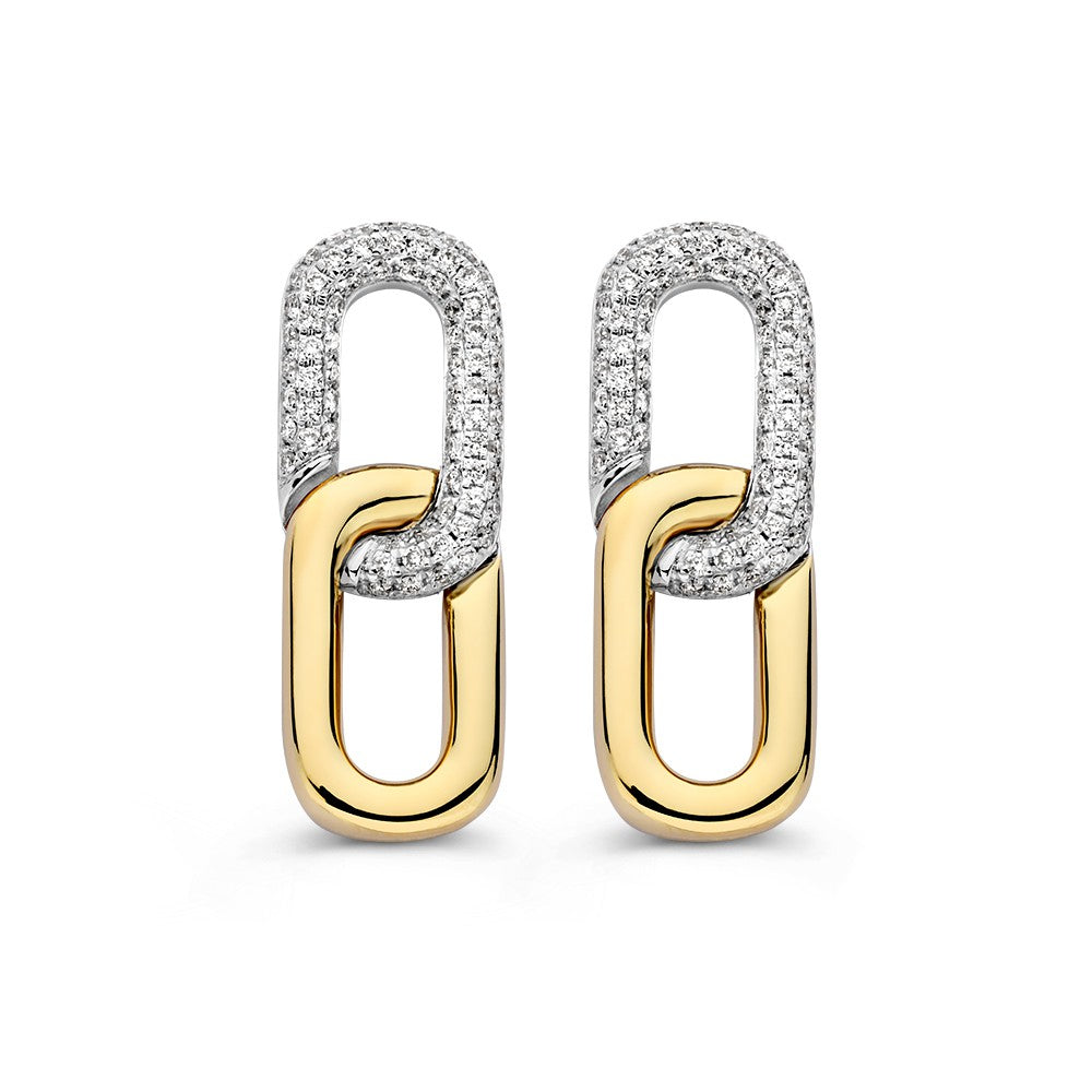 Bicolor gouden oorknoppen met een glanzende afwerking en 0,30ct briljante diamanten in een schakelpunt ontwerp.