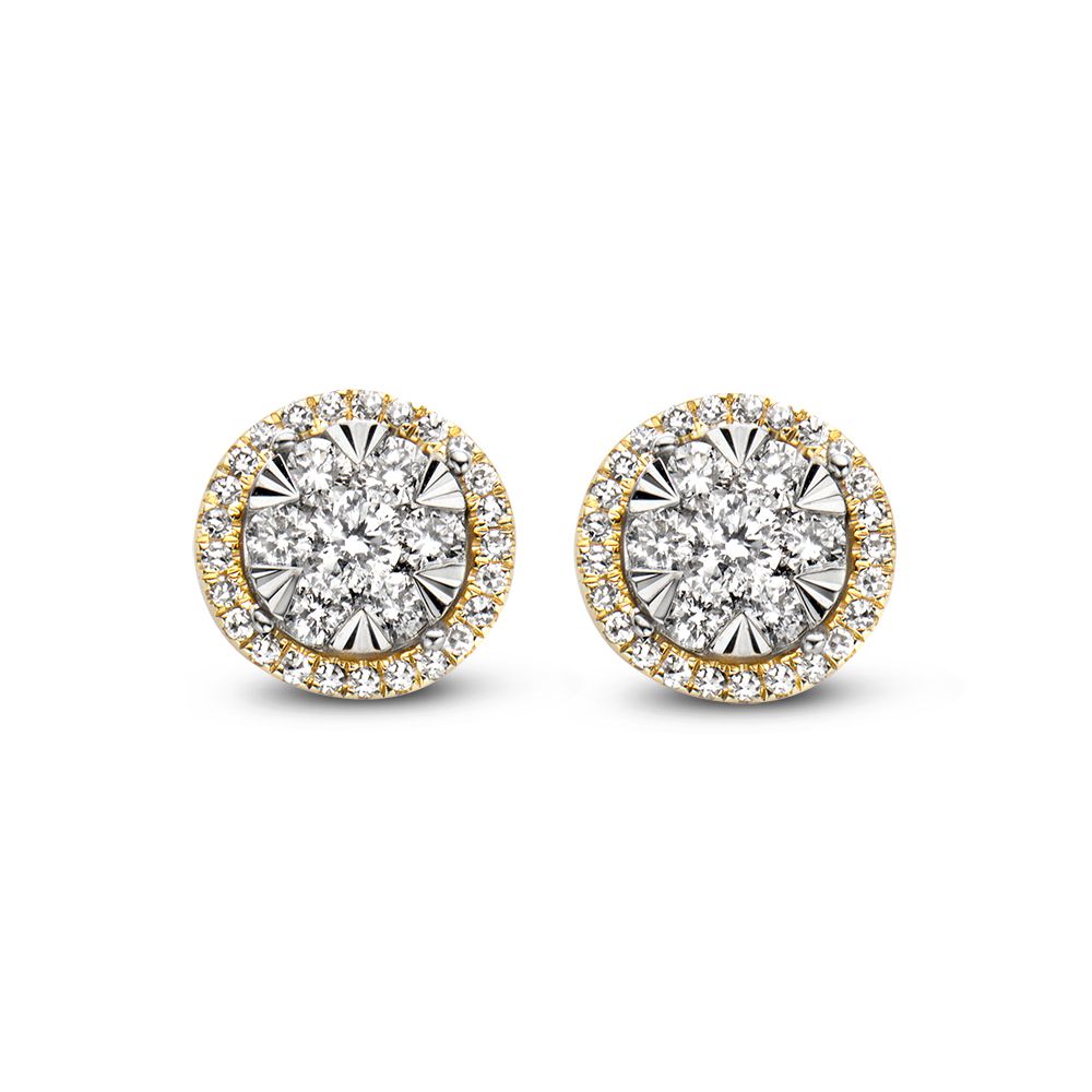 Bicolor gouden oorknoppen met een centrale diamant van 0,44ct in entourage zetting, omringd door kleinere diamanten.