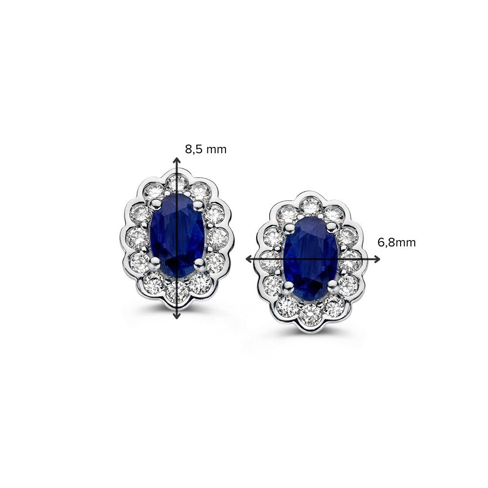 Geelgouden Oorstekers met Ovale Saffier en Diamant 0,60ct in Entourage Zetting