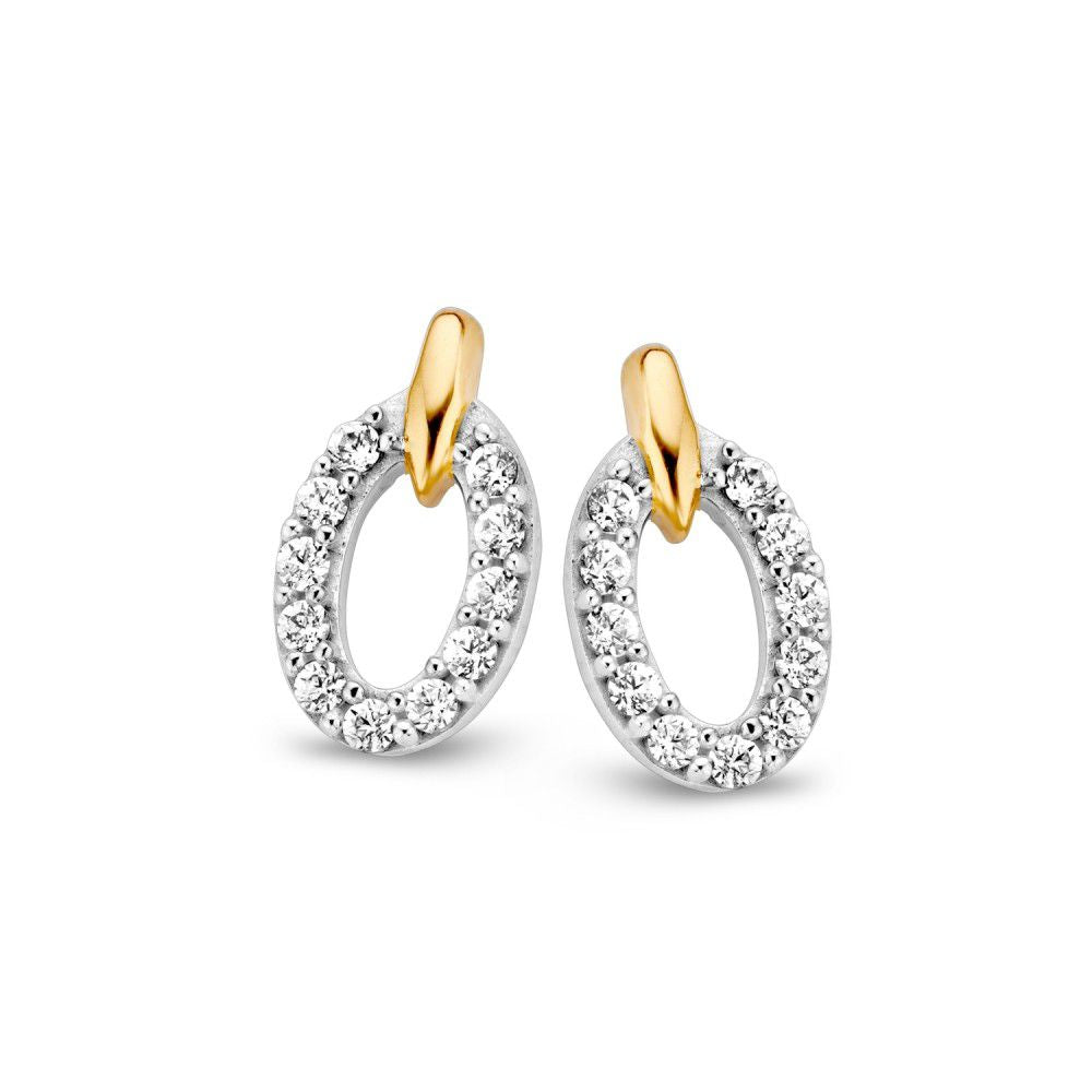 Geel-witgouden oorstekers in een ovale vorm, bezet met zirkonia steentjes, 11.5 mm.