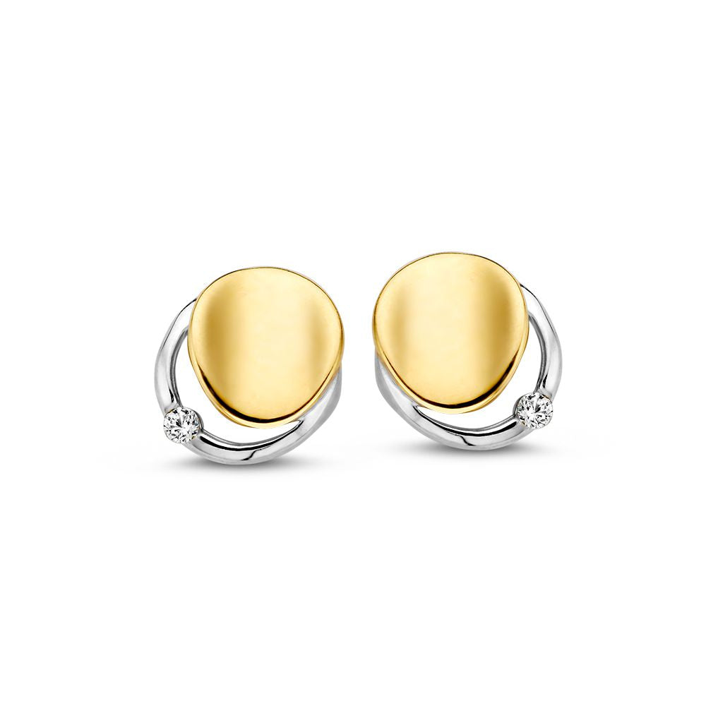 Bicolor 14k gouden stud oorbellen met een gladde, ronde vorm en witte zirconia.