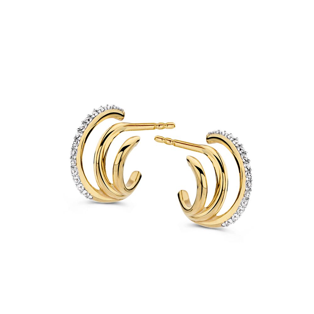Geelgouden oorstekers van 14K met een golvend ontwerp en zirkonia's aan de rand, diameter 8mm.