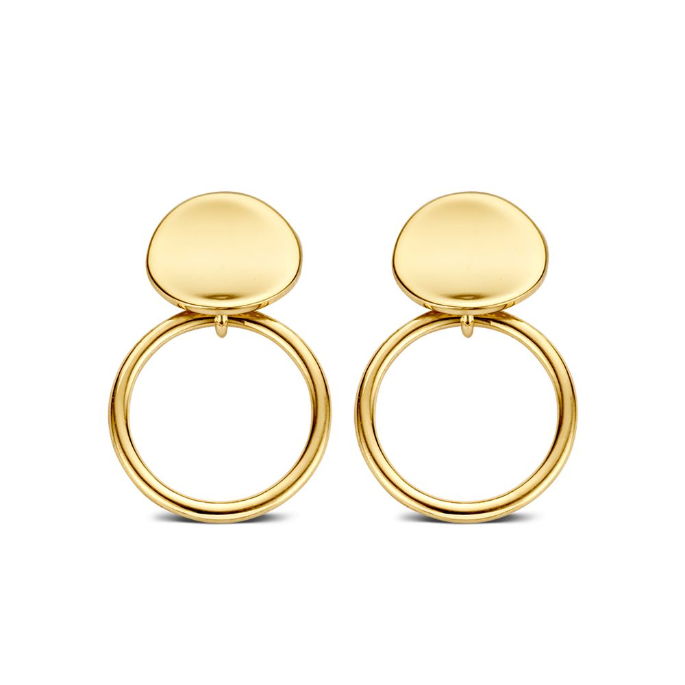 Geelgouden oorstekers met een eenvoudig en verfijnd design, 18mm x 12mm, met een ronde schijfvorm en een open ring.