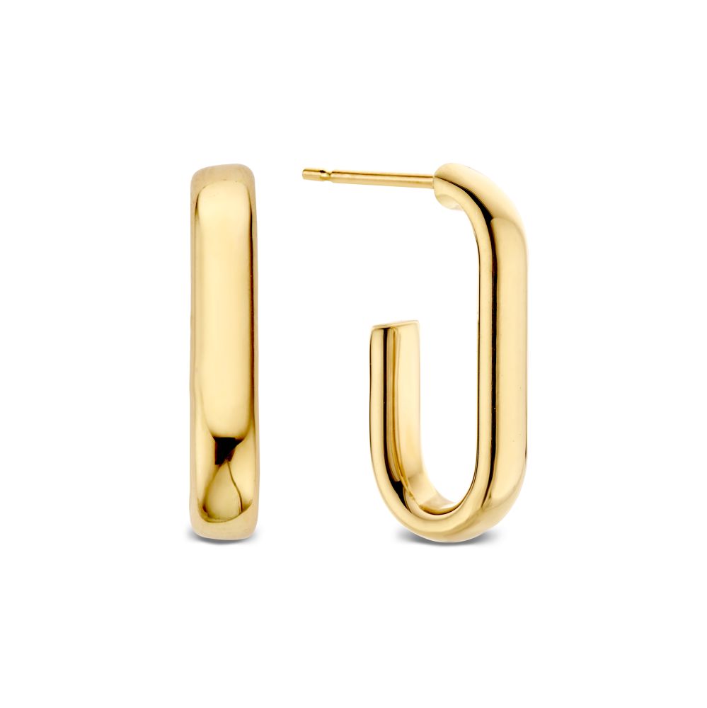 Geelgouden oorringen met een ovaal design, 21 mm lang en 4 mm breed.