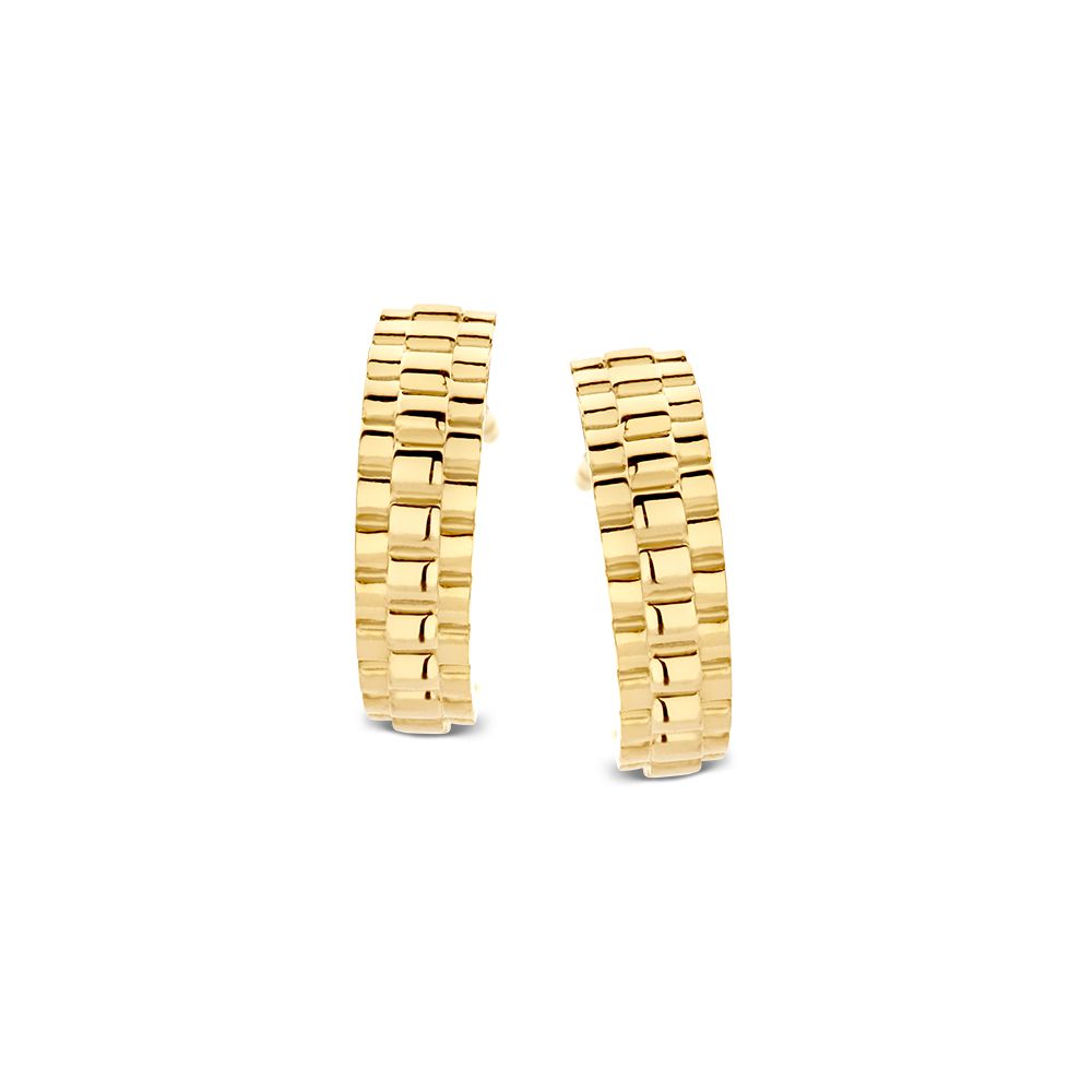 Geelgouden oorstekers met een 'Rolexschakel' ontwerp, met een glanzende afwerking en een verfijnde uitstraling.