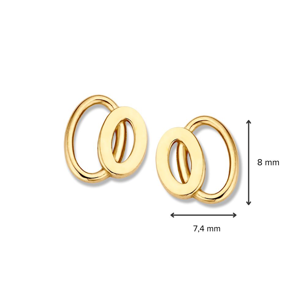 De Geelgouden Oorstekers 14K 7,5mm van Excellent Jewelry zijn minimalistische dames oorbellen met overlappende ovale en ronde vormen, ideaal voor liefhebbers van eenvoudige elegantie. Afmetingen: 8 mm x 7,4 mm.