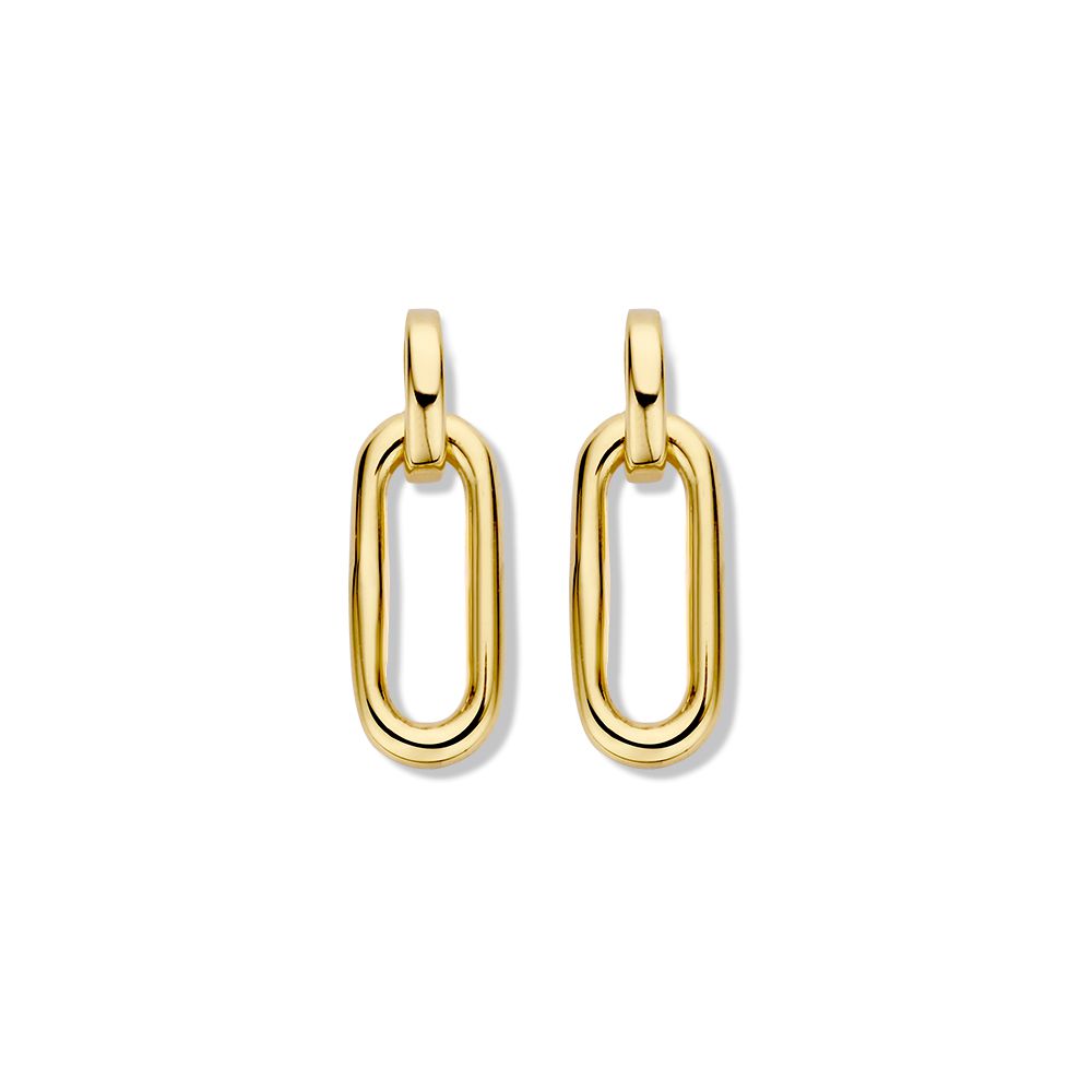 Geelgouden oorstekers in paperclip schakelvorm met een glanzende afwerking.