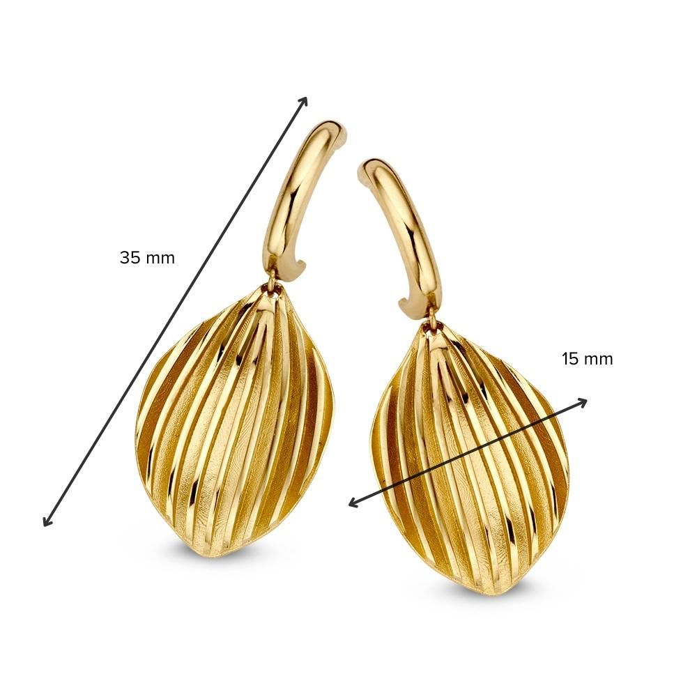 Geelgouden Oorstekers met Gouden Blad Aanhangers – 14 Karaat Geel Goud, Elegante Oorbellen voor Dames