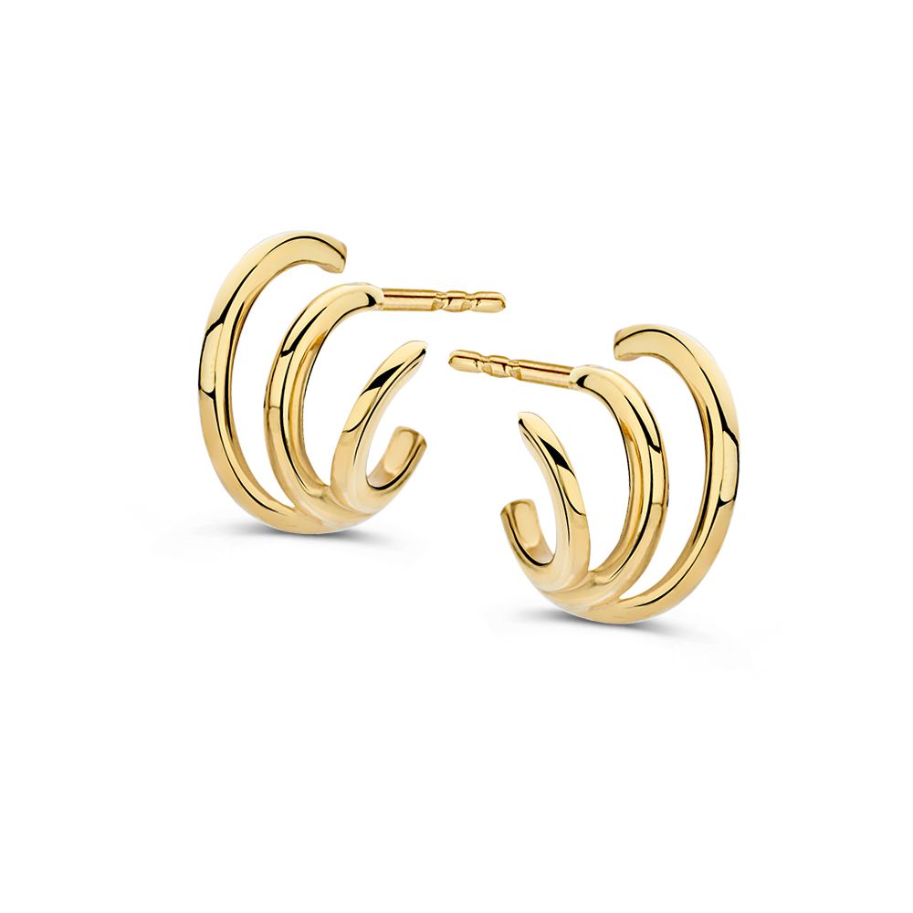 Geelgouden oorstekers met drie ringen in een speels design.