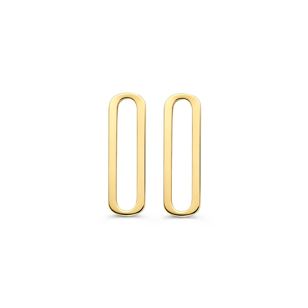 Geelgouden oorstekers in een ovale vorm, vervaardigd uit 14 karaat goud met een glanzende afwerking.