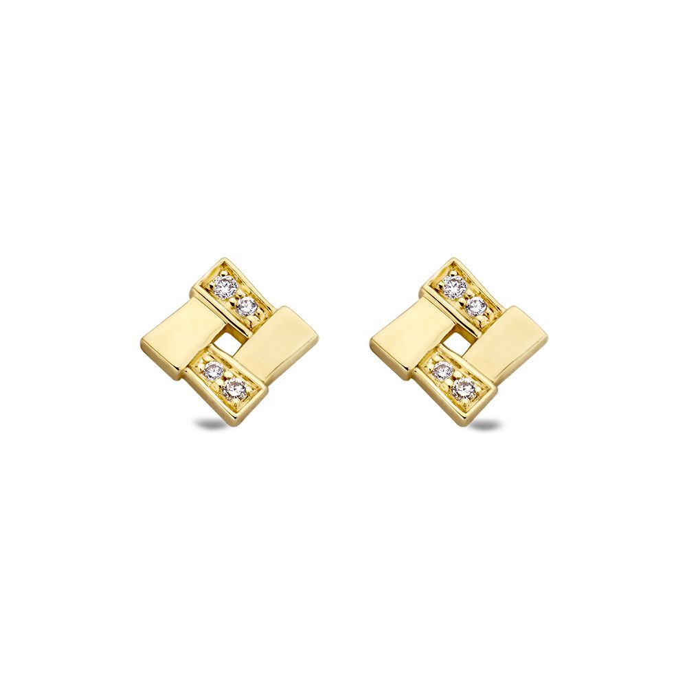 Geelgouden oorstekers met vierkante vorm en drie kleine diamanten in een moderne afwerking.