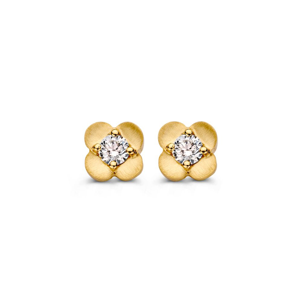 Geelgouden bloemvormige oorknoppen met een diamant in het midden, uitgevoerd in 14 karaat goud.
