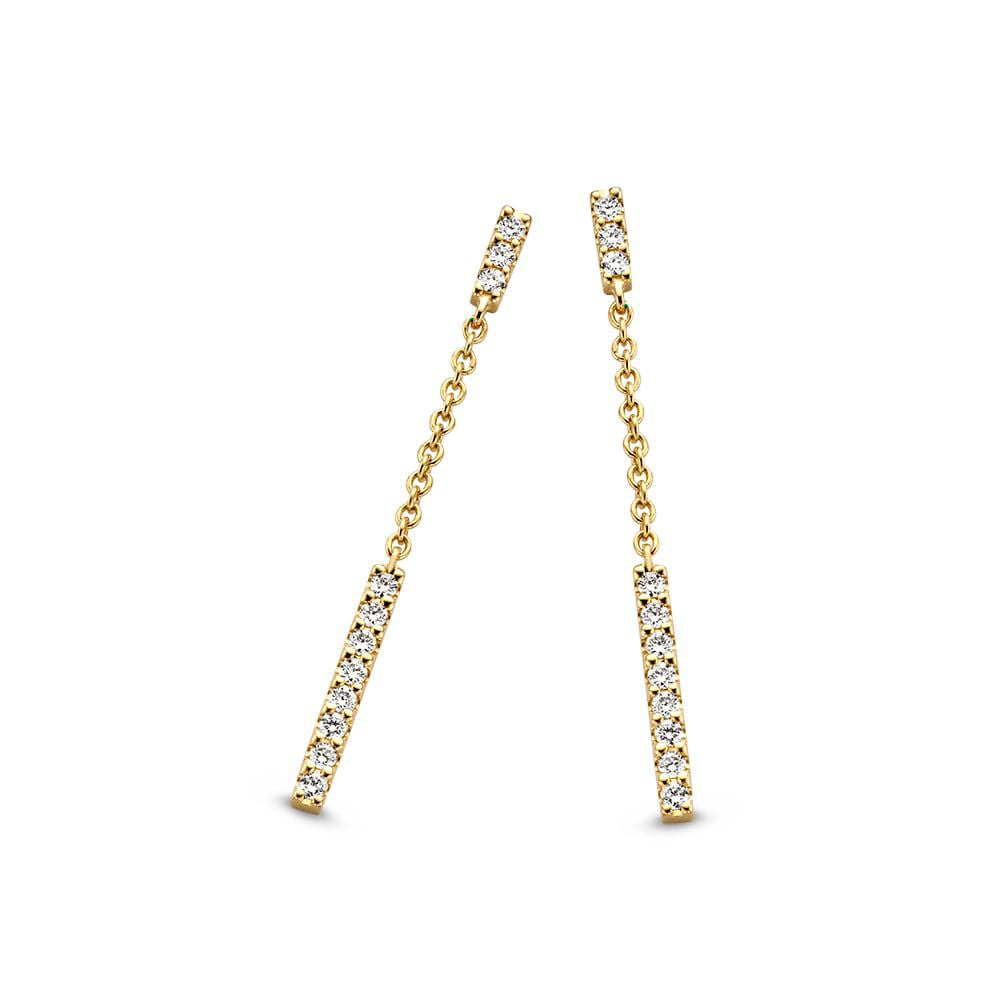 Geelgouden oorstekers met een lange ketting en vijf kleine diamanten van 0,12 crt in een rij.