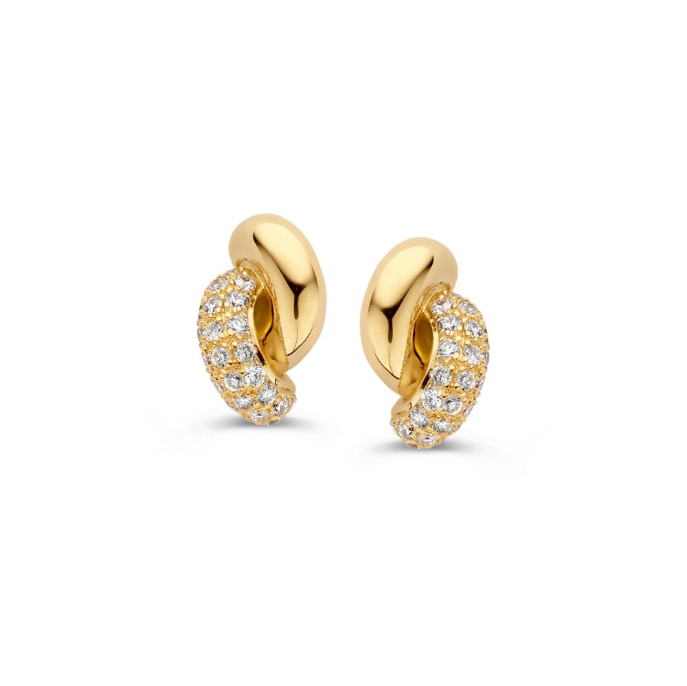 Geelgouden knoopoorbellen met diamanten, 0,15 ct, met een glanzende afwerking en een elegante vorm.