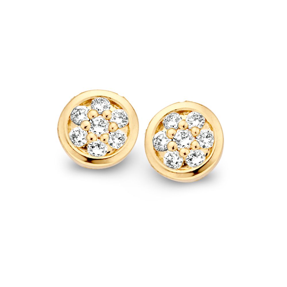 Geelgouden oorstekers met een bloemvormige zetting en zes diamanten van 0,18 crt.