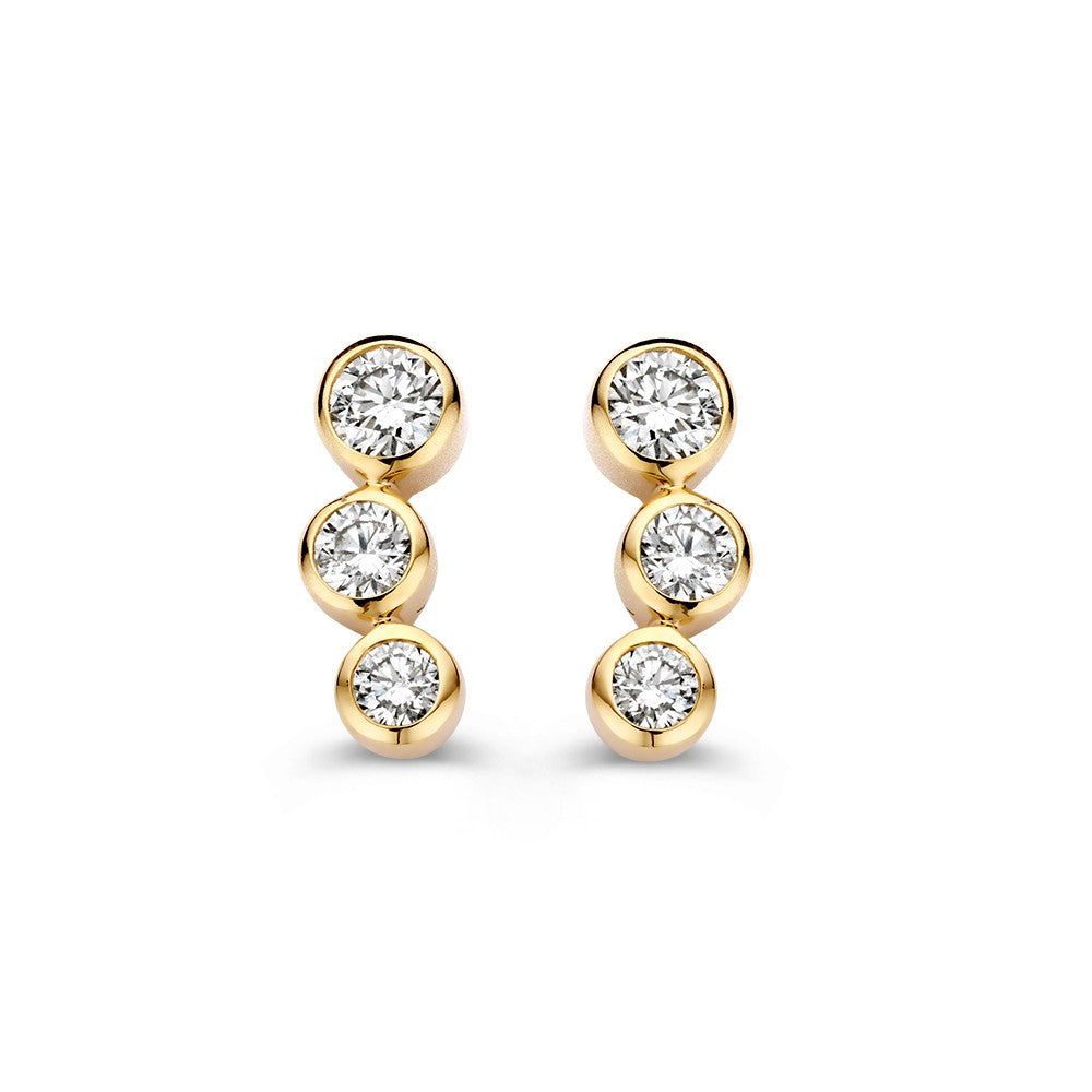 Geelgouden 'Bubbles' oorbellen met drie briljant geslepen diamanten van in totaal 0,34 ct.
