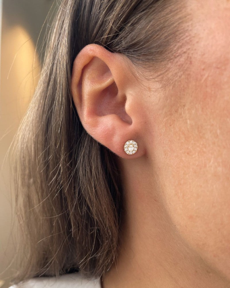 14k Yellow Gold Diamond Halo Stud Earrings with Oval-Cut Center Stone