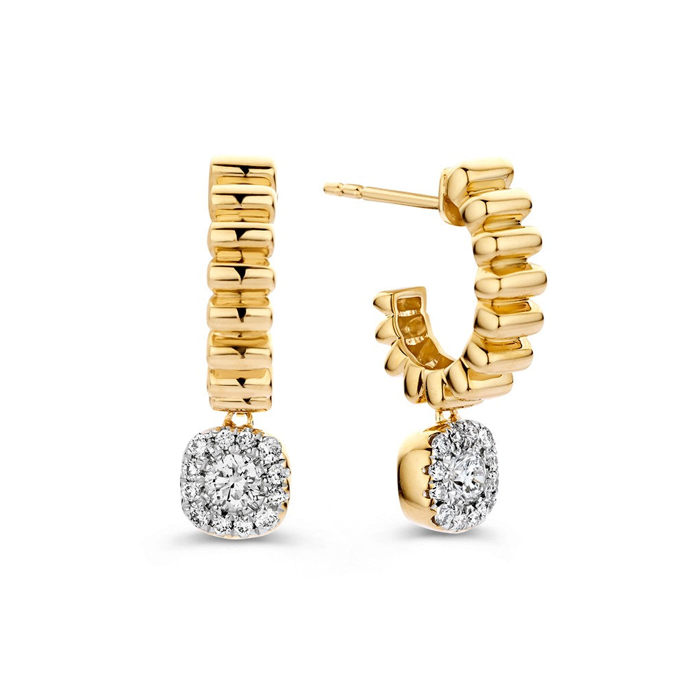 Speelse Gouden Oorstekers met Geribbelde Bewerking en Fonkelende Diamanten Aanhangers