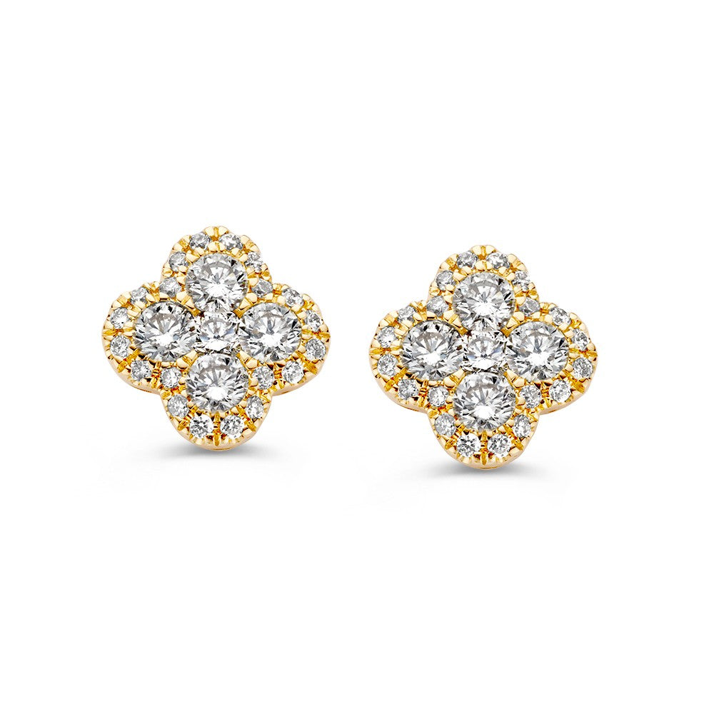 Geel gouden oorbellen in bloemvorm met meerdere ronde diamanten, totaal 0,70 crt.