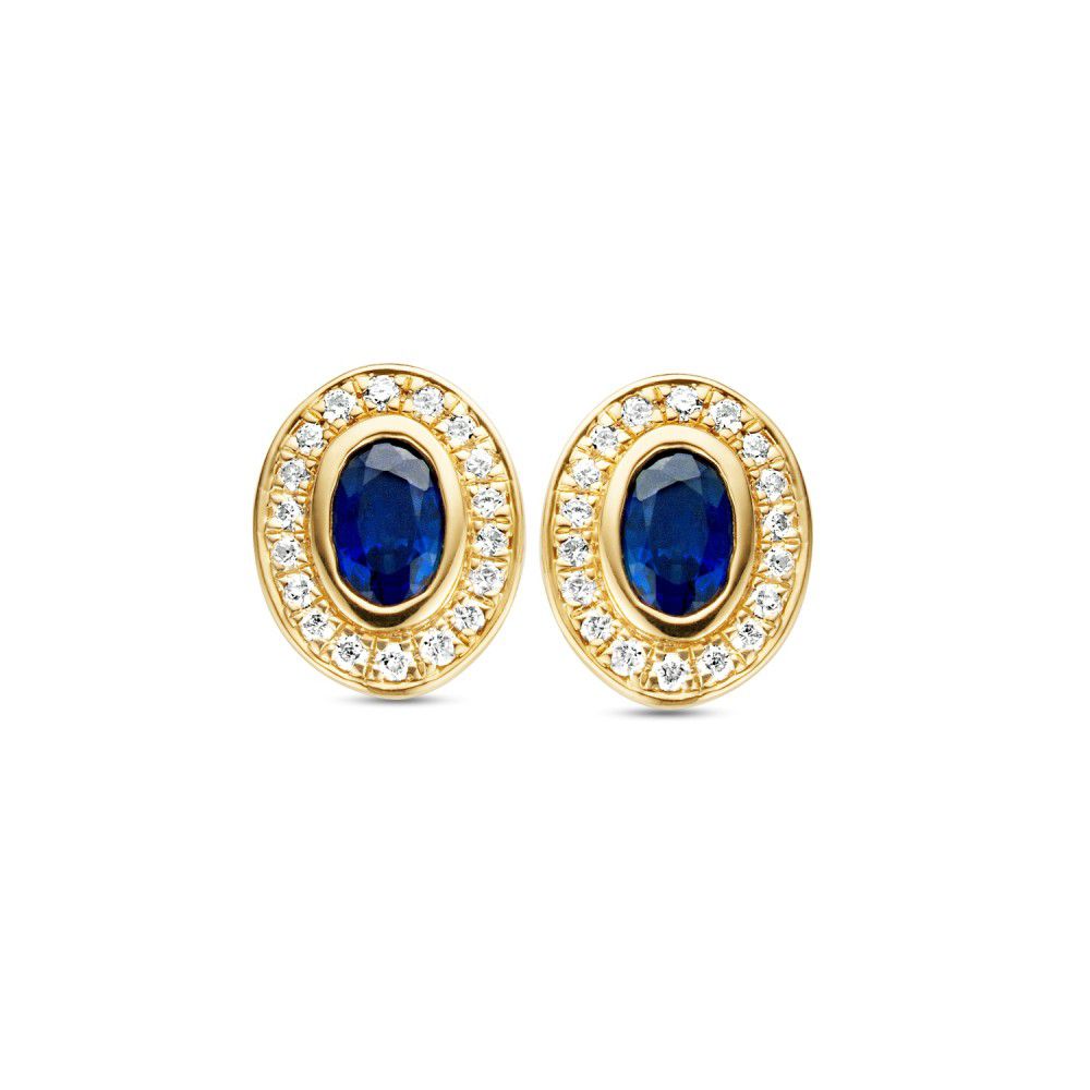 Geelgouden Oorstekers met Blauwe Saffieren en Diamanten – 0,15 crt