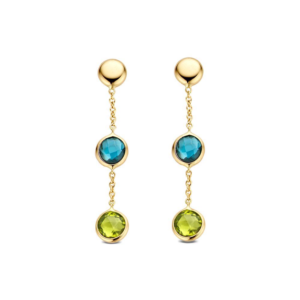 Geelgouden oorhangers met drie hangende stenen in blauw topaas en groene peridot.