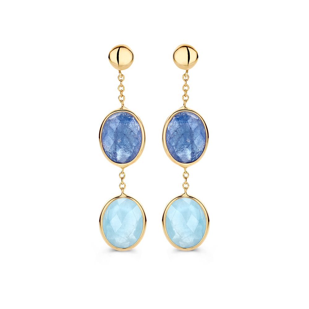 Geelgouden oorhangers met een blauwe tanzaniet en een aquamarijn, beide in ovale facetten.