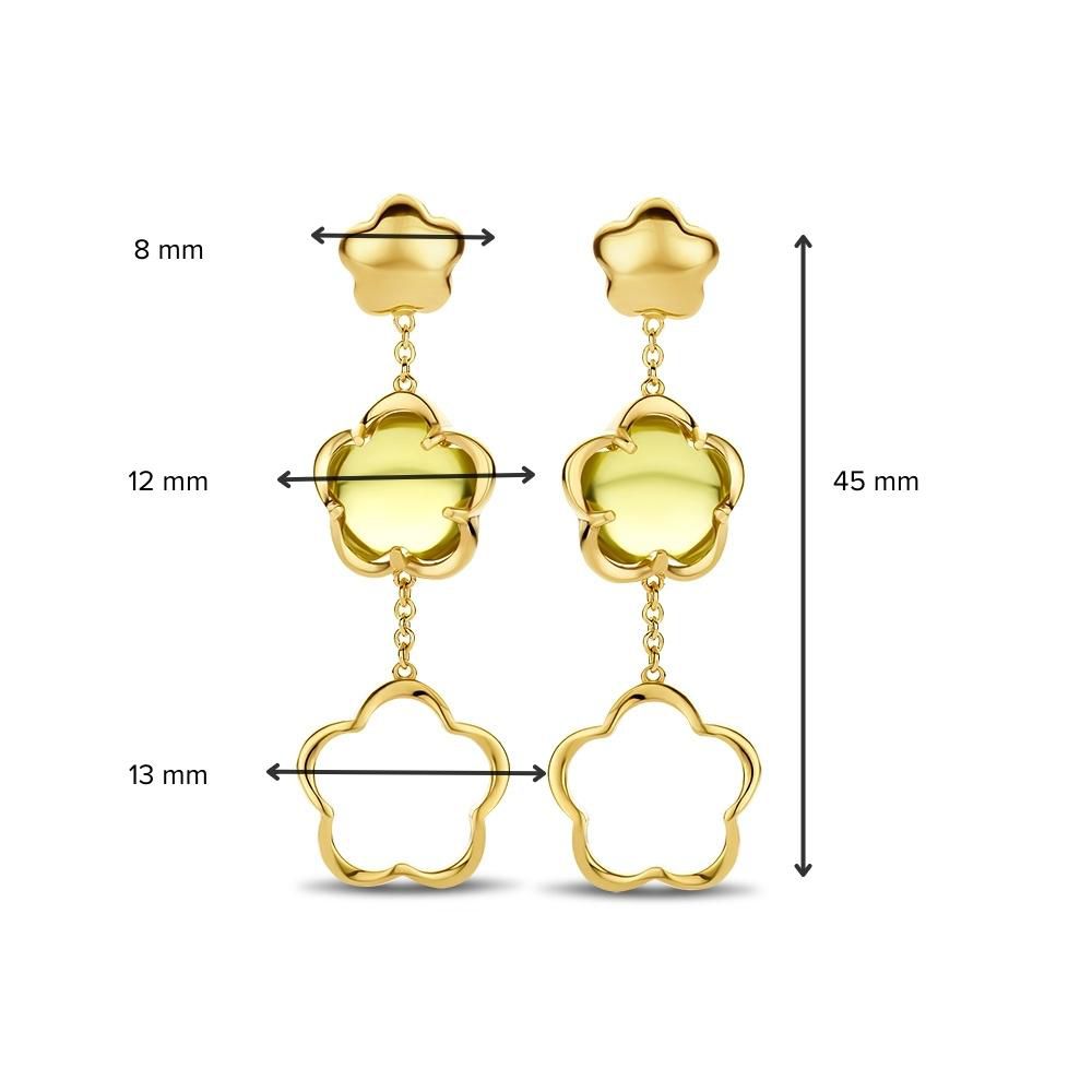 Geelgouden Oorstekers met Groene Kwarts Bloemvorm Hanger – Elegante Oorbellen