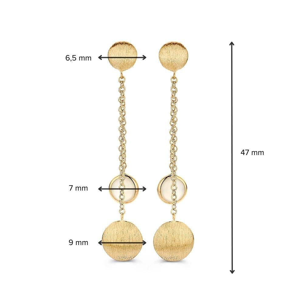 Geelgouden Oorstekers met Maansteen en Matgouden Hangers – Speelse, Elegante Oorbellen