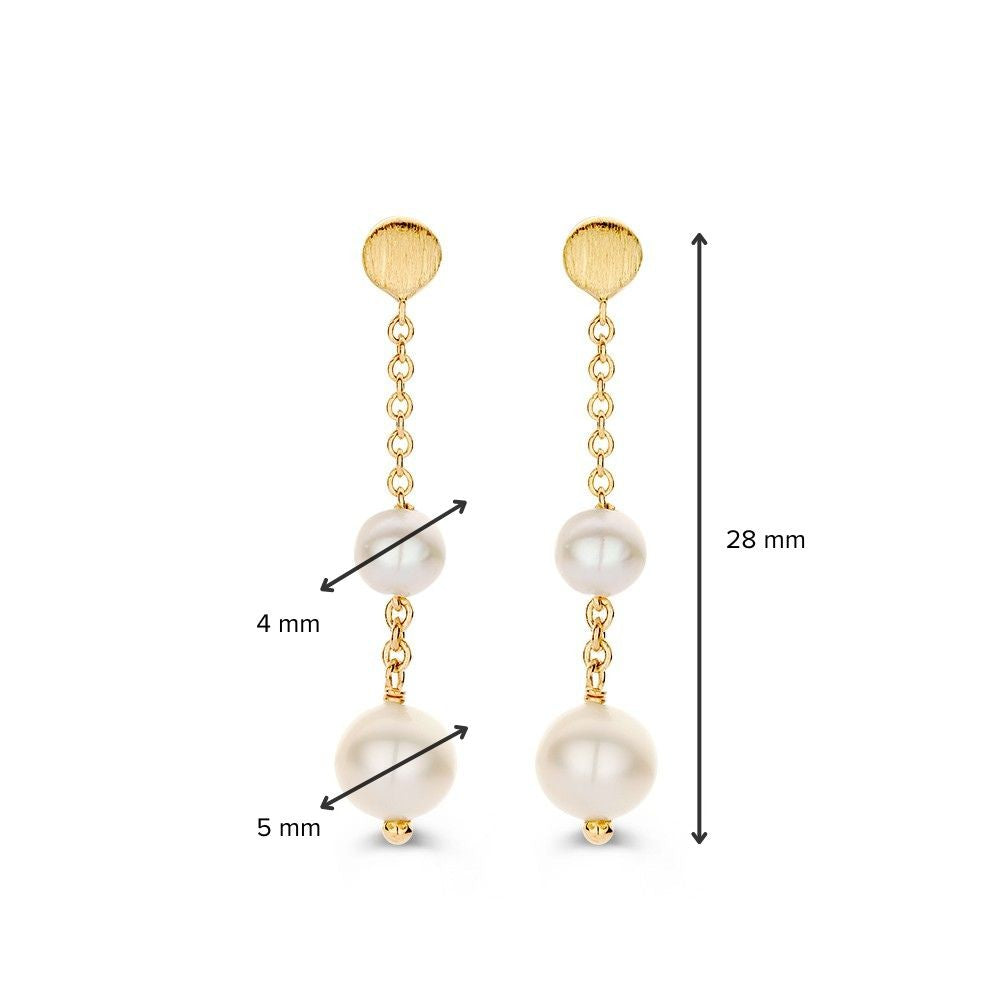 Geelgouden Oorhangers met Parels en Matgouden Element 14 Karaat